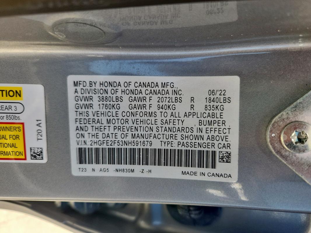 2HGFE2F53NH591679 - 2022 HONDA CIVIC SPORT Argent photo 12