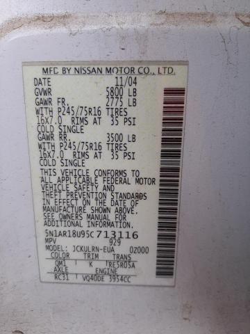 5N1AR18U95C713116 - 2005 NISSAN PATHFINDER LE თეთრი ფოტო 10