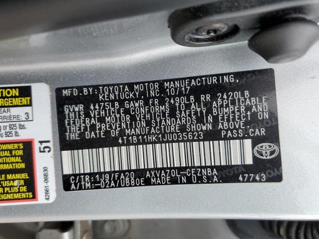 4T1B11HK1JU035623 - 2018 TOYOTA CAMRY L 银色 照片 12