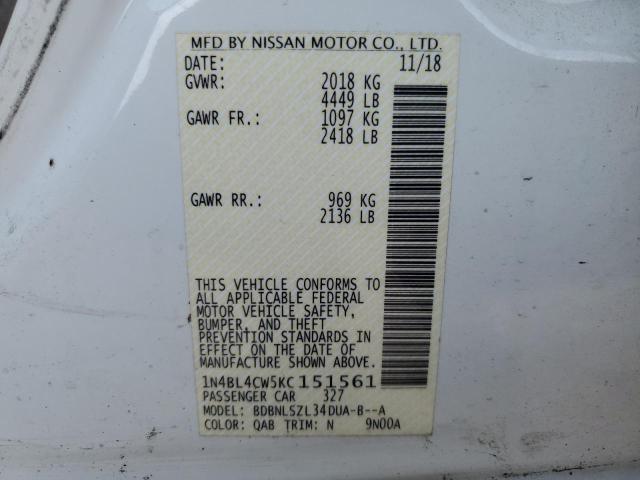 1N4BL4CW5KC151561 - 2019 NISSAN ALTIMA SR თეთრი ფოტო 12