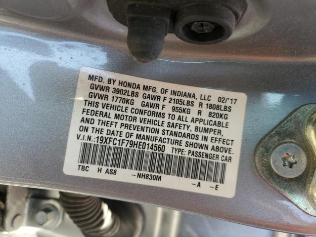 19XFC1F79HE014560 - 2017 HONDA CIVIC EXL ვერცხლისფერი ფოტო 13