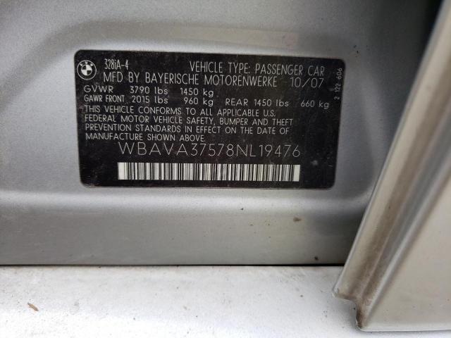 WBAVA37578NL19476 - 2008 BMW 3 SERIES I ვერცხლისფერი ფოტო 12