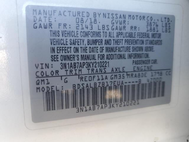 3N1AB7AP3KY210221 - 2019 NISSAN SENTRA S WHITE photo 12