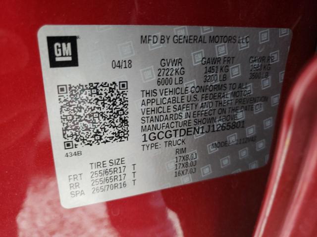 1GCGTDEN1J1265801 - 2018 CHEVROLET COLORADO Z71 RED photo 12