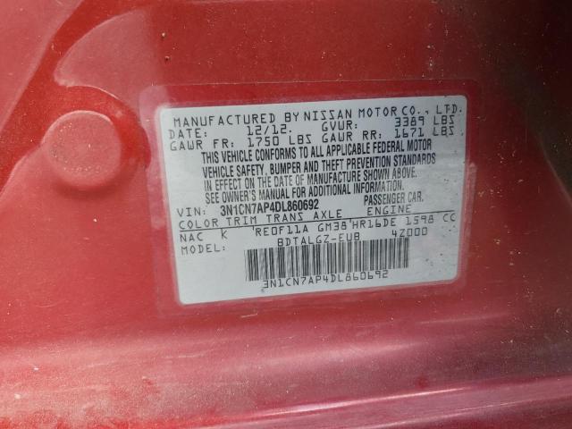 3N1CN7AP4DL860692 - 2013 NISSAN VERSA S 红色 照片 13