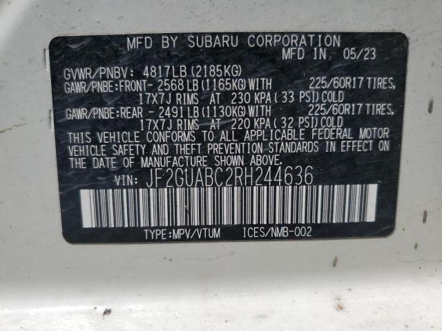 JF2GUABC2RH244636 - 2024 SUBARU CROSSTREK WHITE photo 12