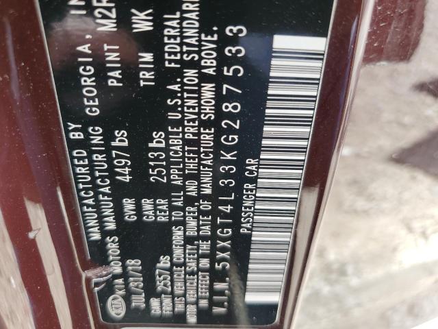 5XXGT4L33KG287533 - 2019 KIA OPTIMA LX 栗色 照片 12