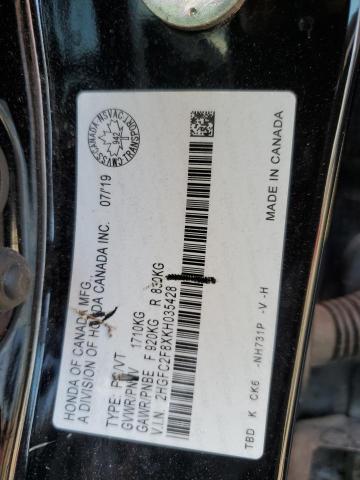 2HGFC2F8XKH035428 - 2019 HONDA CIVIC SPORT შავი ფოტო 12