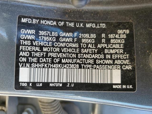 SHHFK7H49KU423828 - 2019 HONDA CIVIC SPORT CHARCOAL photo 12