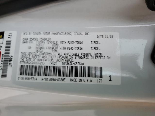 5TFRX5GN3KX139213 - 2019 TOYOTA TACOMA ACCESS CAB Սպիտակ լուսանկար 12