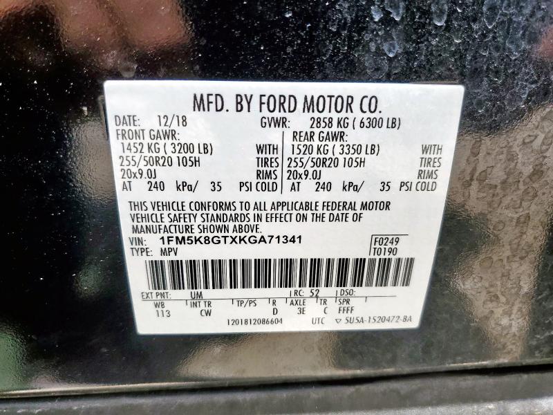 1FM5K8GTXKGA71341 - 2019 FORD EXPLORER SPORT Qara foto 14