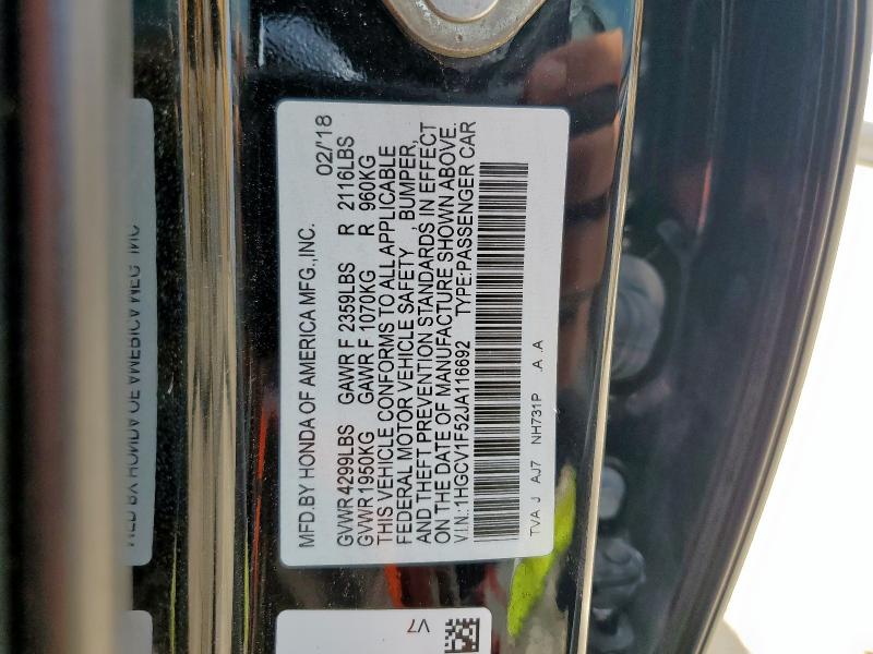 1HGCV1F52JA116692 - 2018 HONDA ACCORD EXL 黑色 照片 12