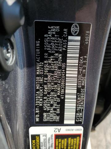 4T1BK3DB6CU454195 - 2012 TOYOTA AVALON BASE 灰色 照片 12