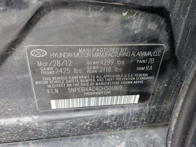 5NPEB4AC4CH501819 - 2012 HYUNDAI SONATA GLS BLACK photo 12