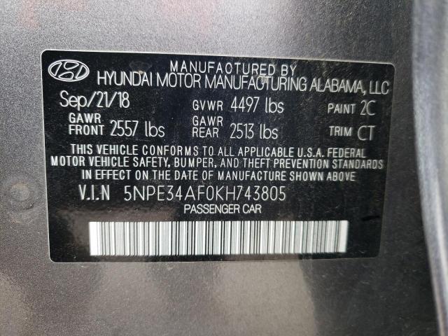 5NPE34AF0KH743805 - 2019 HYUNDAI SONATA LIMITED GRAY photo 12