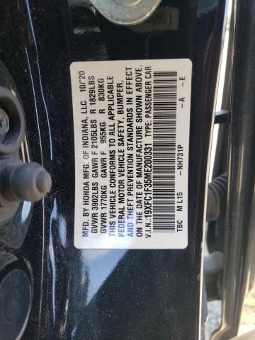 19XFC1F35ME200331 - 2021 HONDA CIVIC EX BLACK photo 12