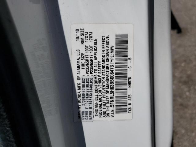 5FNRL5H63BB008473 - 2011 HONDA ODYSSEY EXL თეთრი ფოტო 13