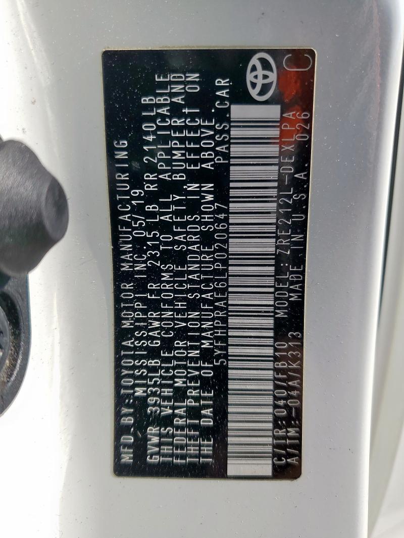 5YFHPRAE6LP020647 - 2020 TOYOTA COROLLA LE WHITE photo 12