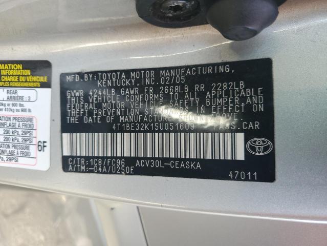 4T1BE32K15U051609 - 2005 TOYOTA CAMRY LE SILVER photo 12