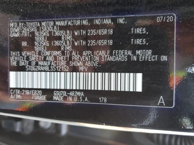5TDGZRAH8LS512152 - 2020 TOYOTA HIGHLANDER XLE BLACK photo 12