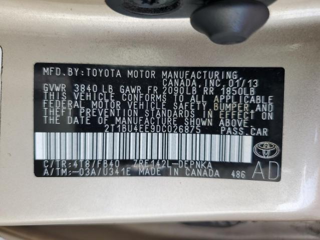 2T1BU4EE9DC026875 - 2013 TOYOTA COROLLA BASE 金色 照片 12