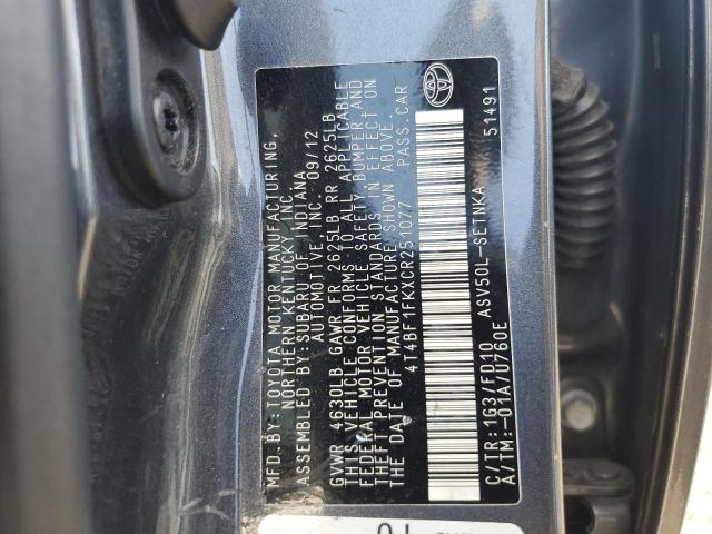 4T4BF1FKXCR251077 - 2012 TOYOTA CAMRY BASE ნაცრისფერი ფოტო 12