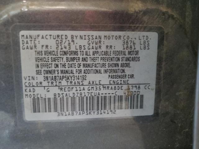 3N1AB7AP5KY314192 - 2019 NISSAN SENTRA S ნაცრისფერი ფოტო 12