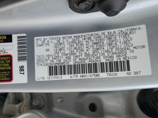 3TMJU62NX9M080535 - 2009 TOYOTA TACOMA DOUBLE CAB PRERUNNER SILVER photo 12