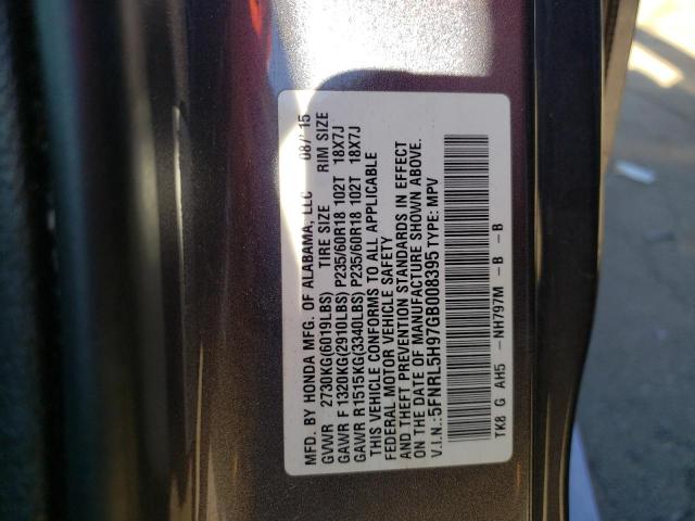 5FNRL5H97GB008395 - 2016 HONDA ODYSSEY TOURING GRAY photo 10