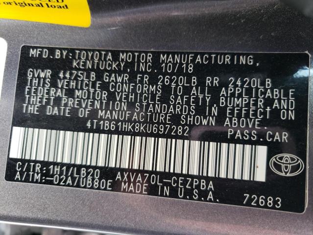 4T1B61HK8KU697282 - 2019 TOYOTA CAMRY XSE GRAY photo 13