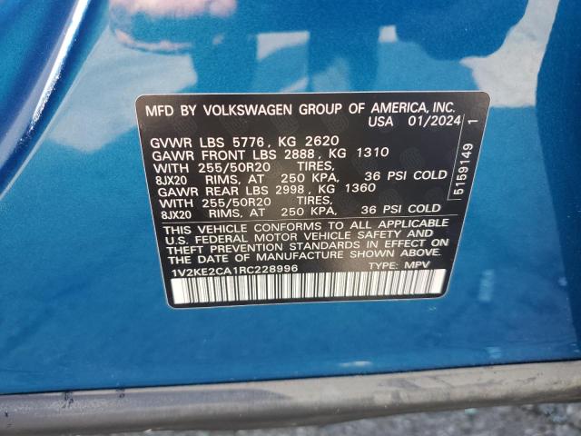 1V2KE2CA1RC228996 - 2024 VOLKSWAGEN ATLAS CROS SE BLUE photo 13