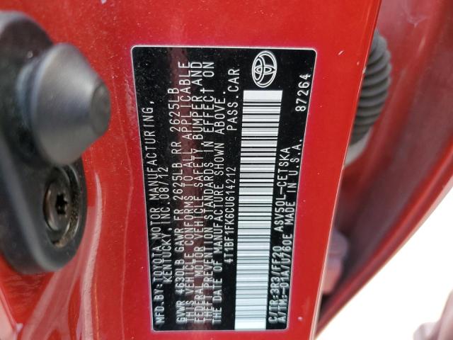 4T1BF1FK6CU614212 - 2012 TOYOTA CAMRY BASE RED photo 13