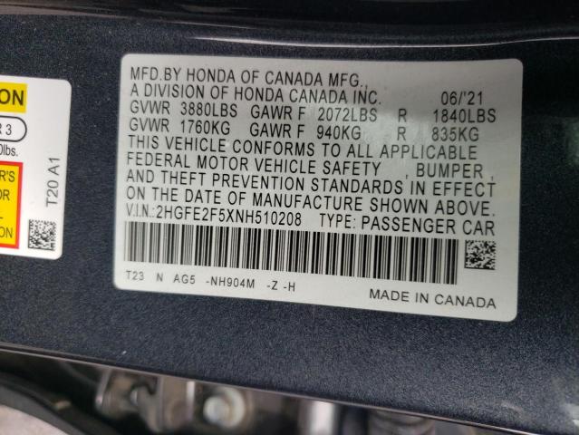 2HGFE2F5XNH510208 - 2022 HONDA CIVIC SPORT 灰色 照片 12