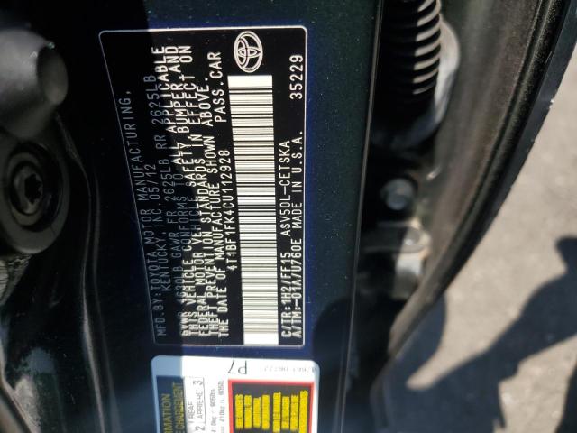 4T1BF1FK4CU112928 - 2012 TOYOTA CAMRY BASE BLUE photo 12