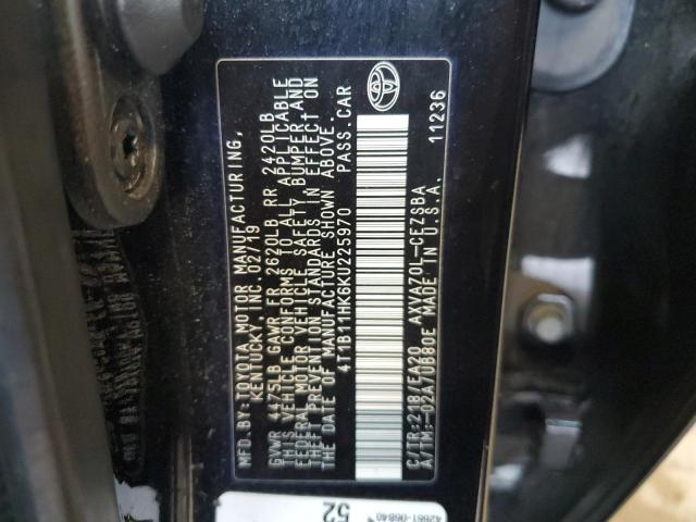 4T1B11HK6KU225970 - 2019 TOYOTA CAMRY L BLACK photo 12