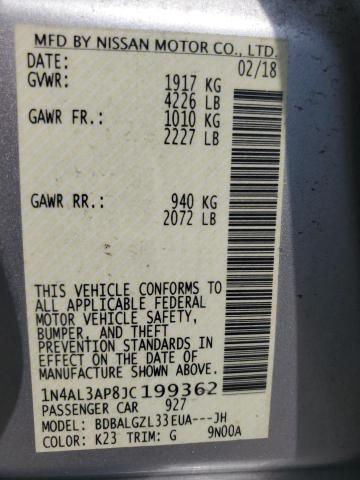 1N4AL3AP8JC199362 - 2018 NISSAN ALTIMA 2.5 银色 照片 12