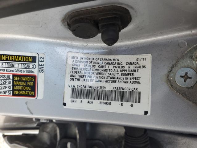 2HGFA1F82BH543599 - 2011 HONDA CIVIC EX SILVER photo 12