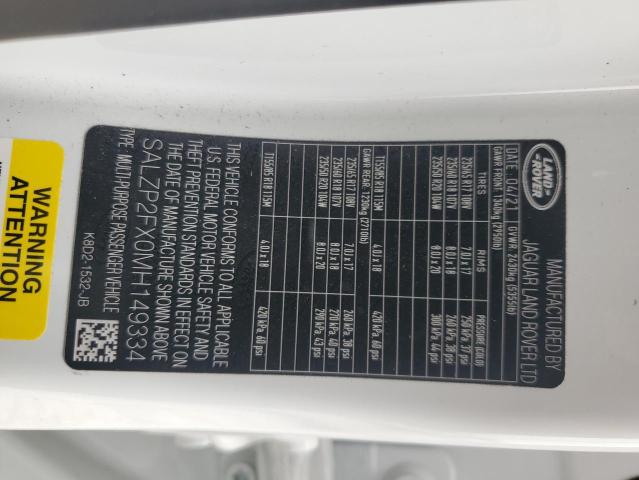 SALZP2FX0MH149334 - 2021 LAND ROVER RANGE ROVE SE WHITE photo 12