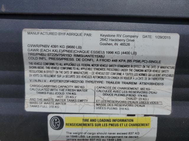 4YDT30123FH922130 - 2015 ASPEN TRAIL TRAILER GRAY photo 10