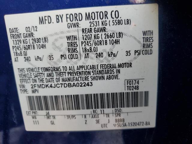 2FMDK4JC7DBA02243 - 2013 FORD EDGE SEL BLUE photo 12