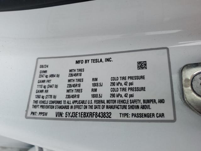 5YJ3E1EBXRF843832 - 2024 TESLA MODEL 3 თეთრი ფოტო 12