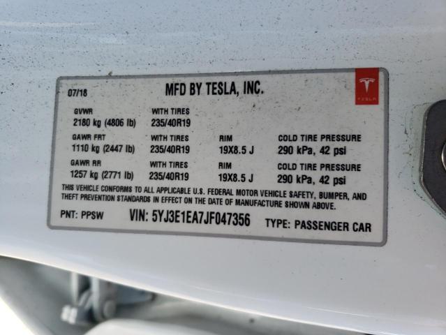 5YJ3E1EA7JF047356 - 2018 TESLA MODEL 3 Ақ фото 12