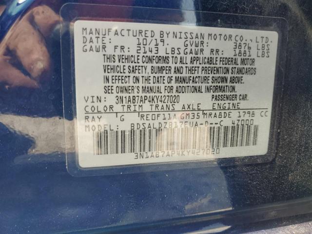 3N1AB7AP4KY427020 - 2019 NISSAN SENTRA S BLUE photo 13