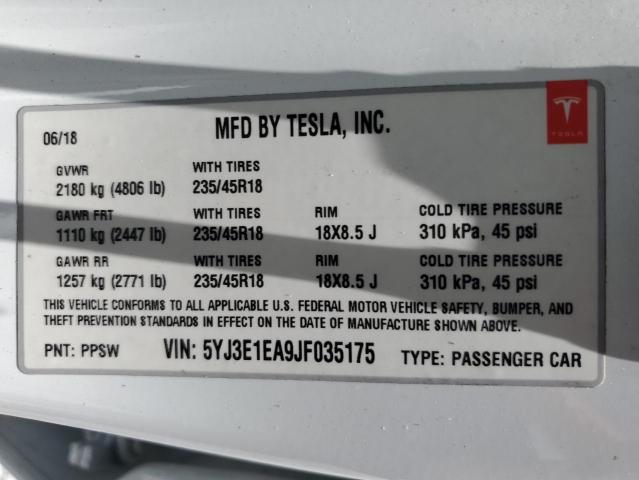 5YJ3E1EA9JF035175 - 2018 TESLA MODEL 3 Ақ фото 13