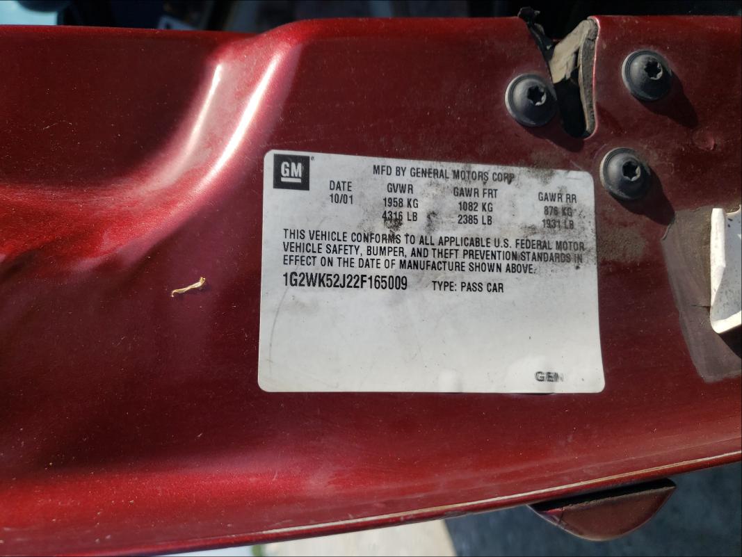 1G2WK52J22F165009 - 2002 PONTIAC GRAND PRIX SE შავი ფოტო 10