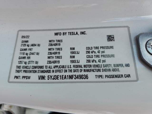5YJ3E1EA1NF349036 - 2022 TESLA MODEL 3 WHITE photo 12
