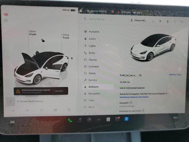 5YJ3E1EA1NF349036 - 2022 TESLA MODEL 3 WHITE photo 9