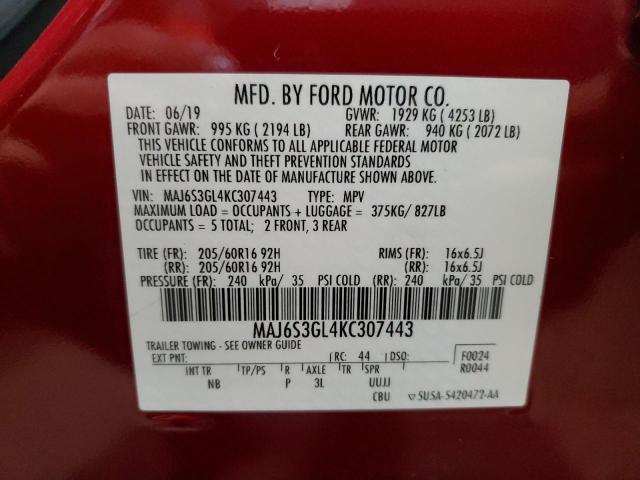 MAJ6S3GL4KC307443 - 2019 FORD ECOSPORT SE MAROON photo 13