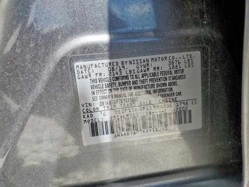 3N1AB7AP7KY411040 - 2019 NISSAN SENTRA S ნაცრისფერი ფოტო 12