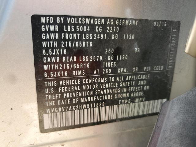 WVGBV7AX2HW511888 - 2017 VOLKSWAGEN TIGUAN S SILVER photo 13